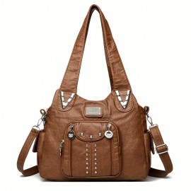 Vintage Faux Leather Crossbody Bag with Removable Strap and Zipper Closure, Solid Color Messenger Bag, Polyester Lined Handbag for Everyday Travel - Baigou Crafted