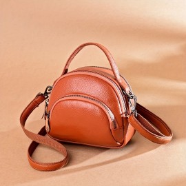 [Casual Leather Crossbody Messenger Bag] Genuine Leather Crossbody Bag for Women, Casual Solid Color Zippered Messenger Bag with Polyester Lining, Fashionable and Versatile from Guangzhou