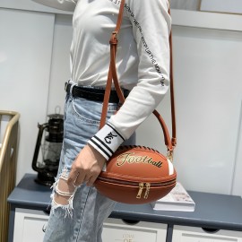 Fashion Football Shaped Handbag, Sports Theme Crossbody Bag with Adjustable Strap, Lightweight Zippered Tote with Polyester Lining, Positioning Print, Edge Paint Detail - Available in Black, White, Light Brown, Earthy Yellow