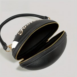 Fashion Football Shaped Handbag, Sports Theme Crossbody Bag with Adjustable Strap, Lightweight Zippered Tote with Polyester Lining, Positioning Print, Edge Paint Detail - Available in Black, White, Light Brown, Earthy Yellow