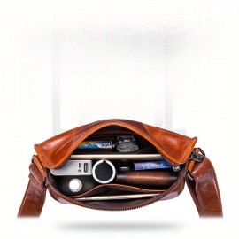 Men's Full-Grain Cowhide Leather Crossbody Bag - Adjustable Strap, Golden-Tone Hardware & Snap Closure, iPad & Phone Compartment - Retro Casual & Business Multifunctional Small Square Shoulder Bag (Black, Durable Everyday Carry)