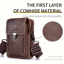 Men's Genuine Leather Crossbody Bag with Adjustable Strap - Brown One Shoulder Backpack, Front Flap Closure & Metal Eyelets - Compact Everyday, Motorcycle, Formal Bag - Sturdy First-Layer Cowhide Construction for Men, Secure Travel Pouch, Vintage Aesthetic