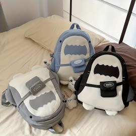 Stylish Black Nylon Backpack with Adjustable Straps - Cartoon Shark Design, Lightweight & Durable, Perfect for Students or Casual Use, Casual Daypack | Playful Design | Secure Zipper Closure