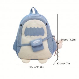 Stylish Black Nylon Backpack with Adjustable Straps - Cartoon Shark Design, Lightweight & Durable, Perfect for Students or Casual Use, Casual Daypack | Playful Design | Secure Zipper Closure