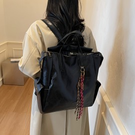 Vintage-Inspired Large Capacity Women'S Backpack - Adjustable Straps, Zipper Closure, Synthetic, Polyester Lining, Solid Color, Travel & Commute Bag, Commute Bag | Vintageinspired Bag | Synthetic Bag, Backpack for Travel