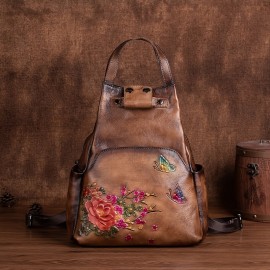 Vintage-Inspired Large Capacity Black Leather Backpack with Floral & Butterfly Design - Adjustable Strap, Zipper Closure, Polyester Lining, Urban Style, Trendy Fashion Backpack|Vintageinspired Backpack|Durable Backpack