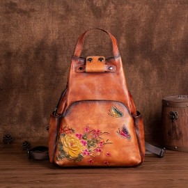 Vintage-Inspired Large Capacity Black Leather Backpack with Floral & Butterfly Design - Adjustable Strap, Zipper Closure, Polyester Lining, Urban Style, Trendy Fashion Backpack|Vintageinspired Backpack|Durable Backpack