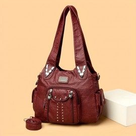 Vintage Faux Leather Crossbody Bag with Removable Strap and Zipper Closure, Solid Color Messenger Bag, Polyester Lined Handbag for Everyday Travel - Baigou Crafted