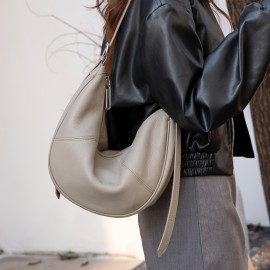 Women's Large Capacity Handbag - Elegant Full-Grain Crossbody Bag with Golden-Tone Hardware, Zipper Closure & Lining, Structured Round Top & Flat Base